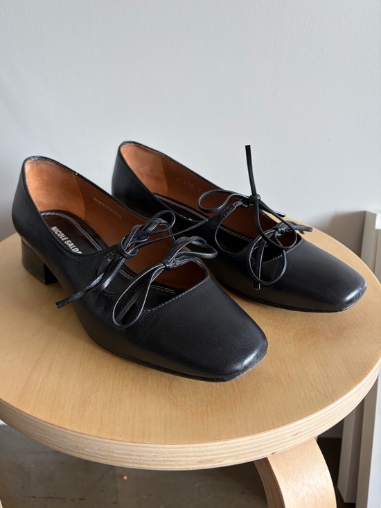 Nicole Saldana Shoes - Nicole Saldaña Isabel Black Leather Tie-Front Mary Jane Ballet Heels